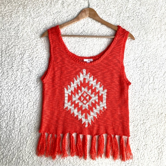 Bongo Juniors orange coral sleeveless cropped sweater tank with tassels, Sz L - Picture 3 of 16